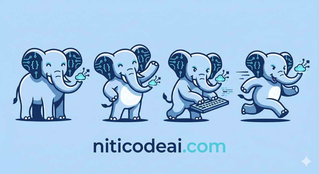 Niti in four poses — seated, waving, typing, and running — always ready